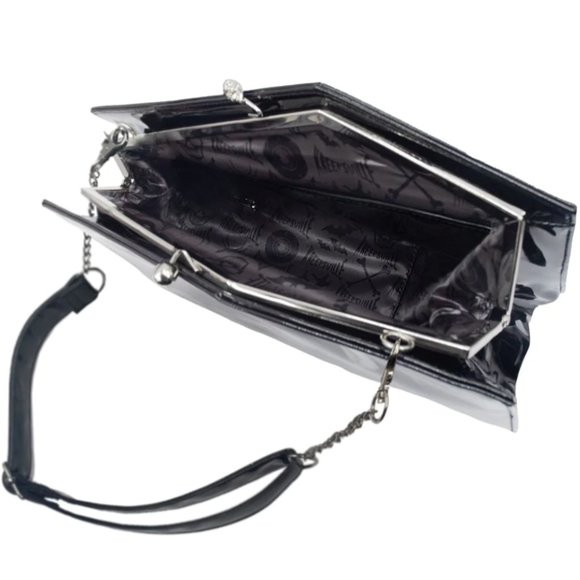 Coffin Black Shiny Vinyl Shoulder or Clutch Purse Skull Kiss Lock Deluxe NWT - Picture 2 of 5